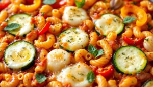 Vegetarischer Makkaroni-Gemüse-Auflauf – Tomatensauce, Hafersahne und goldene Mozzarella-Kruste