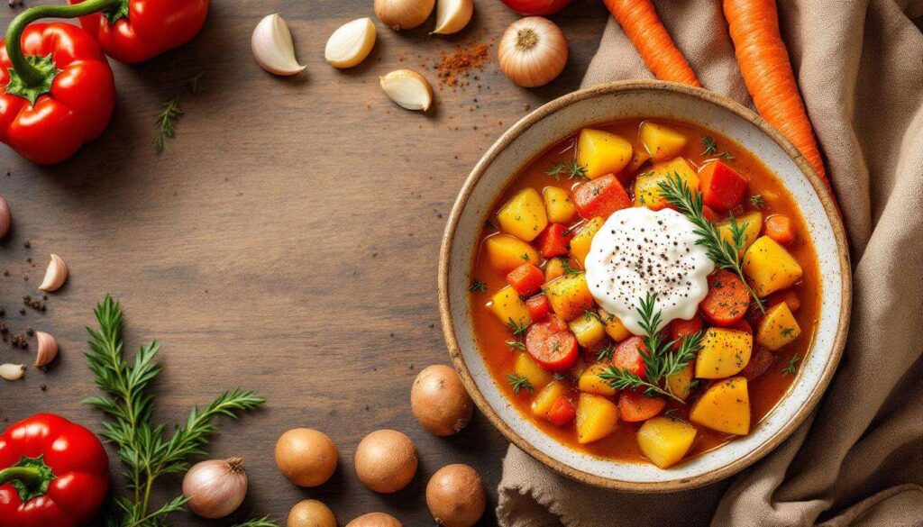 Gemüsegulasch ohne Fleisch: herzhaft aus dem Topf und mit saurer Sahne schön cremig