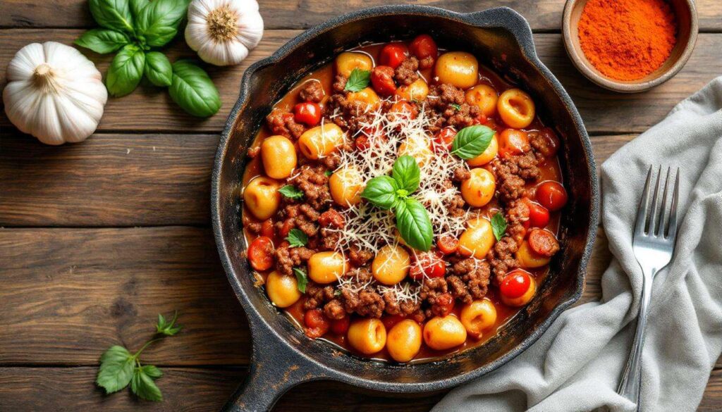 Gnocchi-Hackfleisch-Pfanne in Tomaten-Sahne-Soße – schnell, cremig und aus einer Pfanne