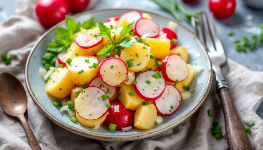 Kartoffel-Radieschen-Salat mit warmer Brühe-Marinade – frisch, vegan und richtig saftig