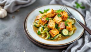 Knuspriger Tofu aus der Pfanne – mit Lauch, Zucchini und cremiger Soja-Sauce