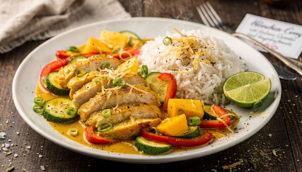 Hähnchen-Curry mit frischem Gemüse, Mango und duftendem Jasminreis