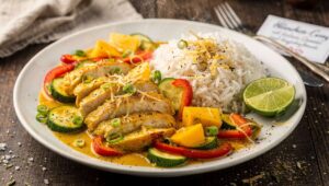Hähnchen-Curry mit frischem Gemüse, Mango und duftendem Jasminreis