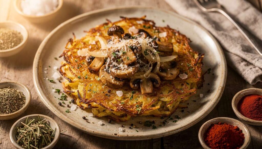 Kartoffelrösti aus dem Ofen mit Pilzen – knusprig, aromatisch und ganz simpel