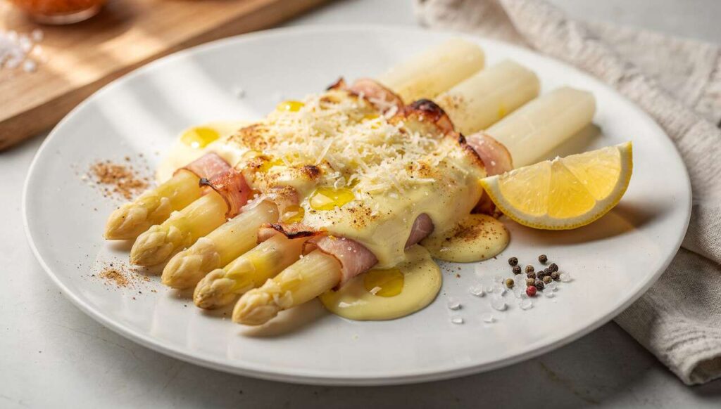 Überbackener Spargel mit Schinken und Sauce hollandaise: Klassiker in 30 Minuten