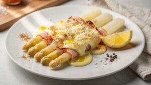 Überbackener Spargel mit Schinken und Sauce hollandaise: Klassiker in 30 Minuten